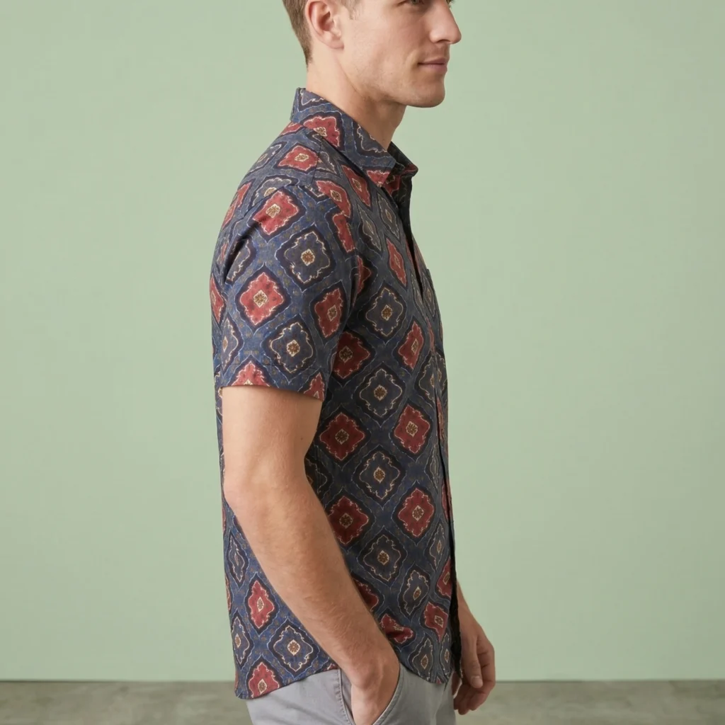 Side view of men’s indigo printed cotton shirt with geometric pattern casual summer wear