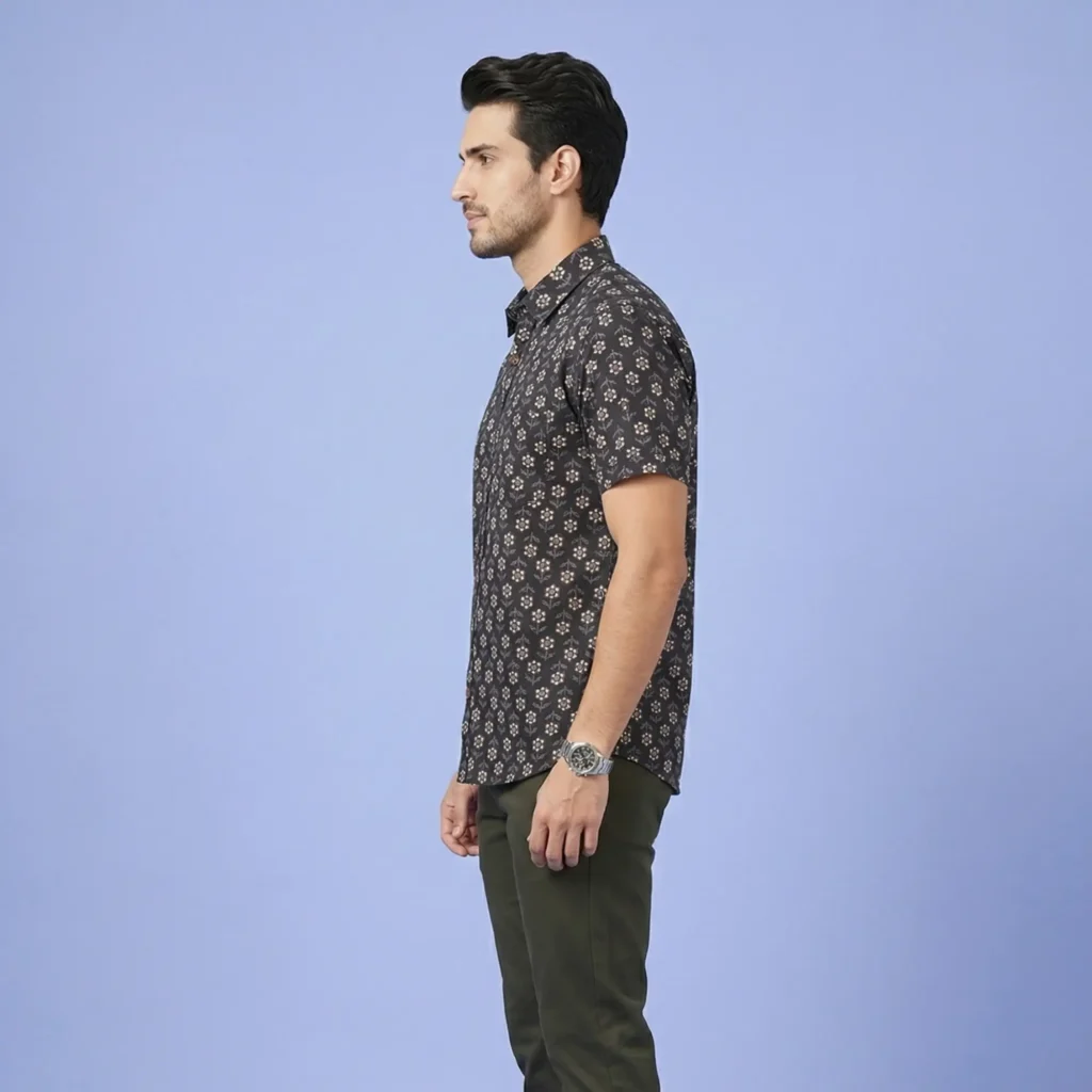 Side view of men’s black printed cotton shirt with regular fit summer wear