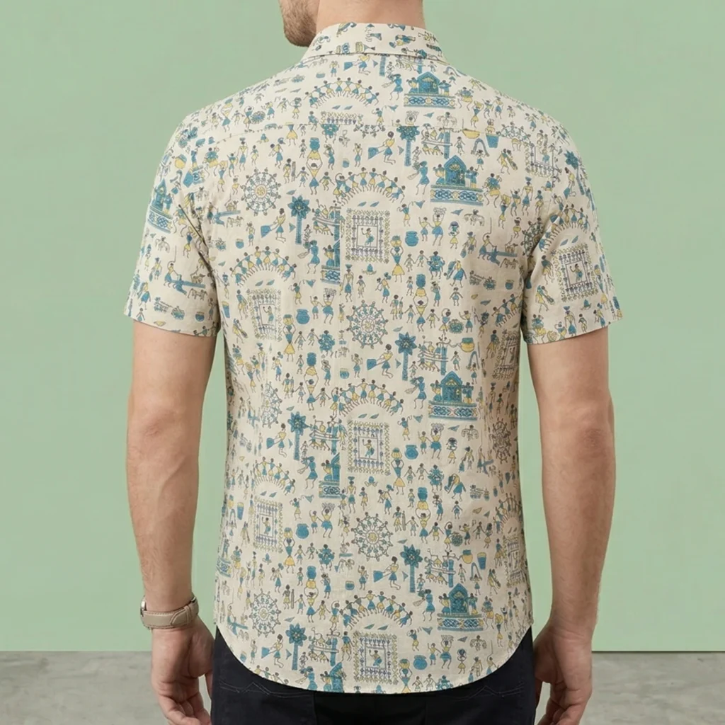 Back view of men’s ivory tribal printed cotton shirt regular fit summer shirt