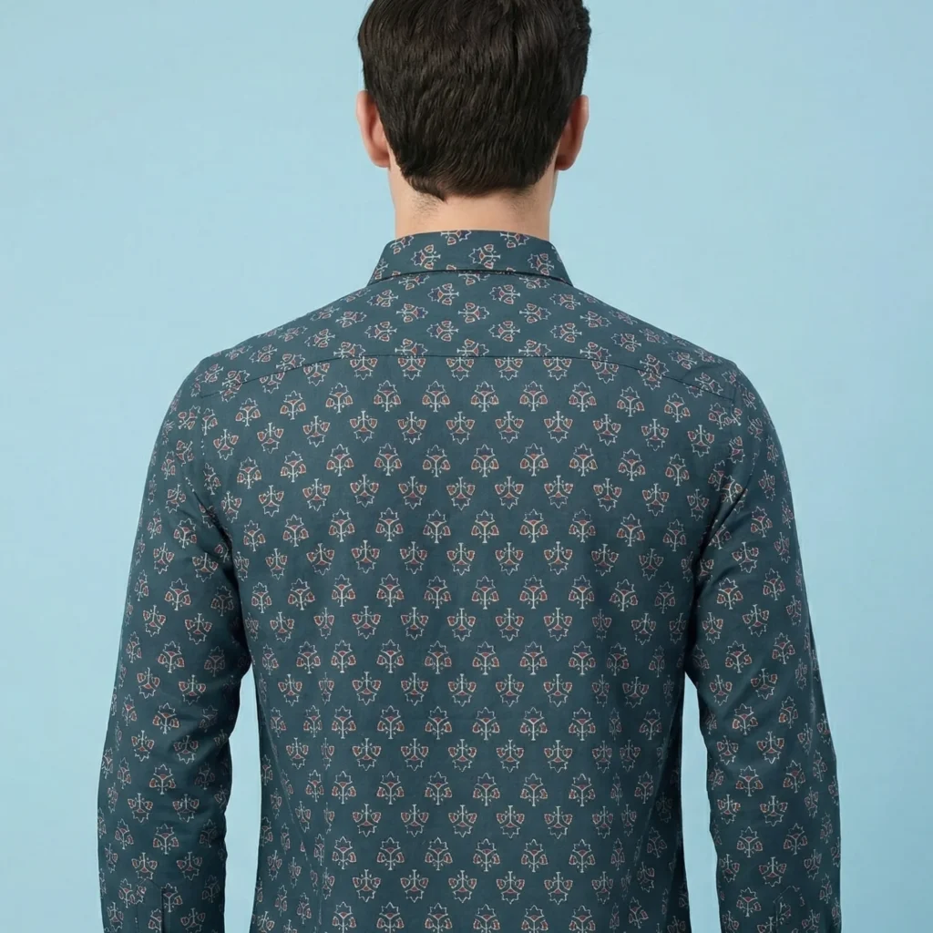 Back view of men’s teal cotton shirt with micro print full sleeves regular fit