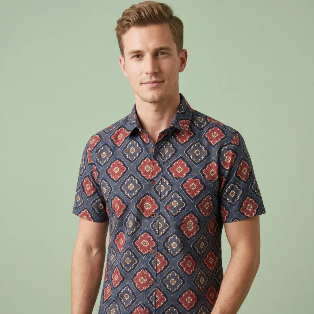 Men wearing indigo geometric printed cotton shirt half sleeves casual party wear outfit