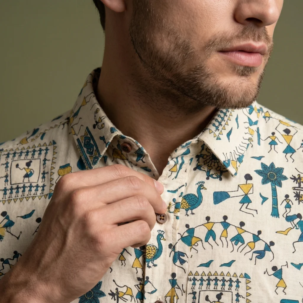 Stylish men’s ivory printed cotton shirt with artistic tribal design casual wear look