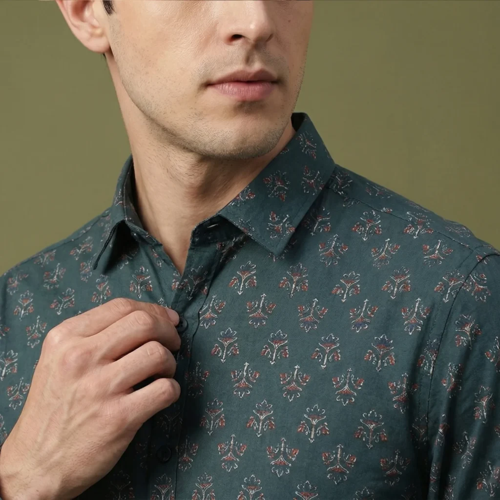 Men’s teal printed cotton shirt close-up with micro motif pattern and classic collar