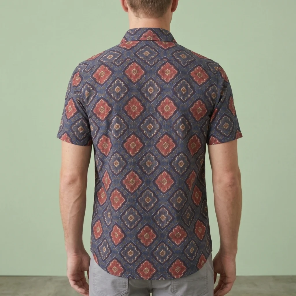 Back view of men’s indigo printed cotton shirt with geometric design regular fit summer shirt