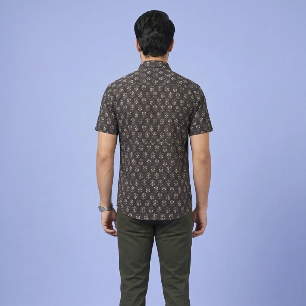 Back view of men’s black printed cotton shirt with floral design regular fit