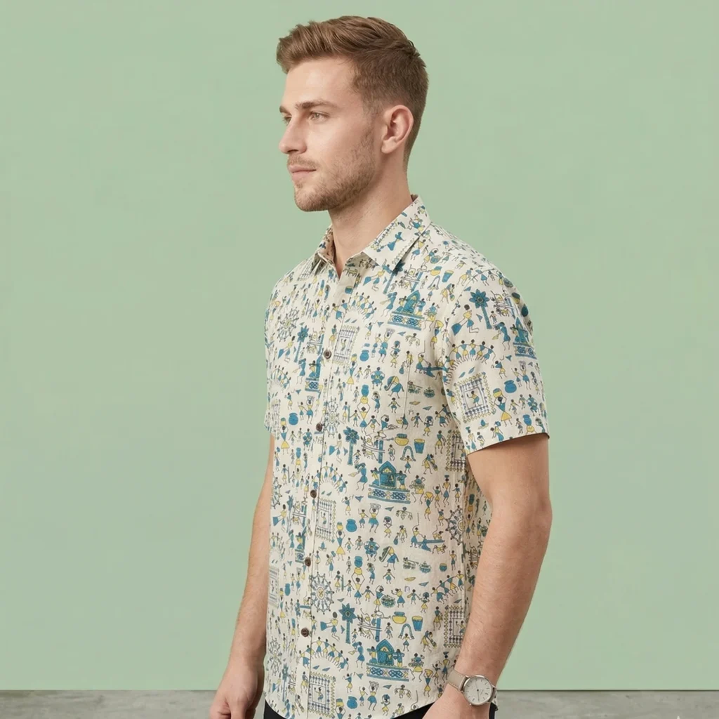 Men’s ivory tribal printed cotton shirt side view casual summer wear outfit
