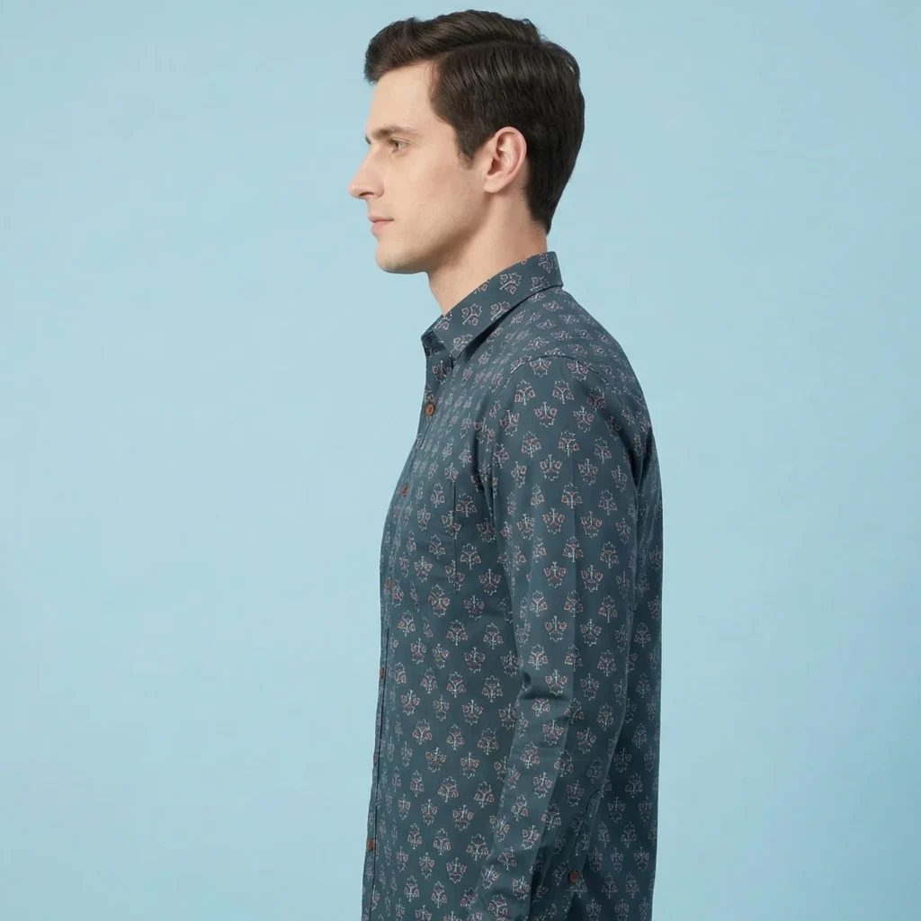 Side view of men’s teal printed cotton shirt full sleeves casual office wear