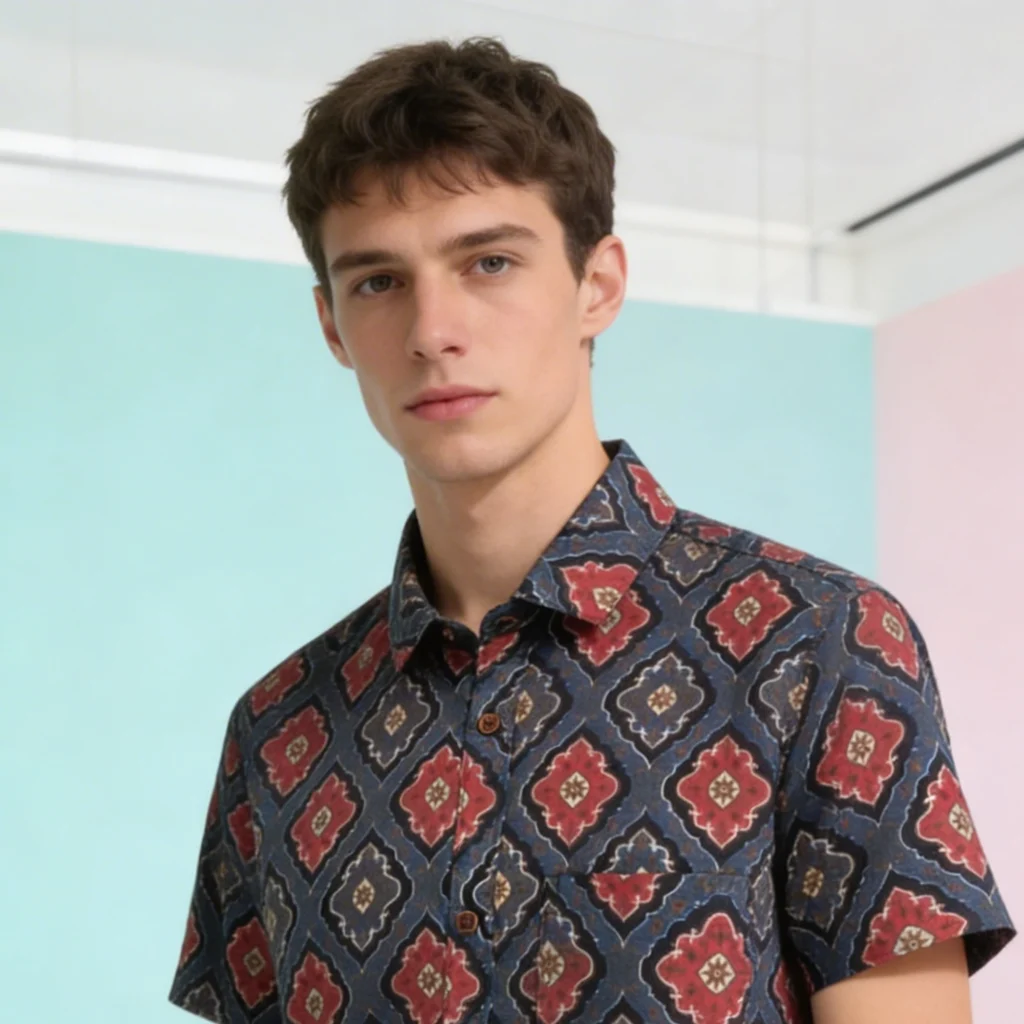 Stylish men’s indigo cotton shirt with geometric print casual office and party wear look