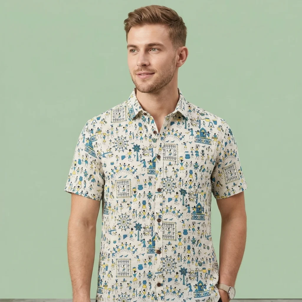 Men wearing ivory printed cotton shirt with tribal pattern half sleeve casual style