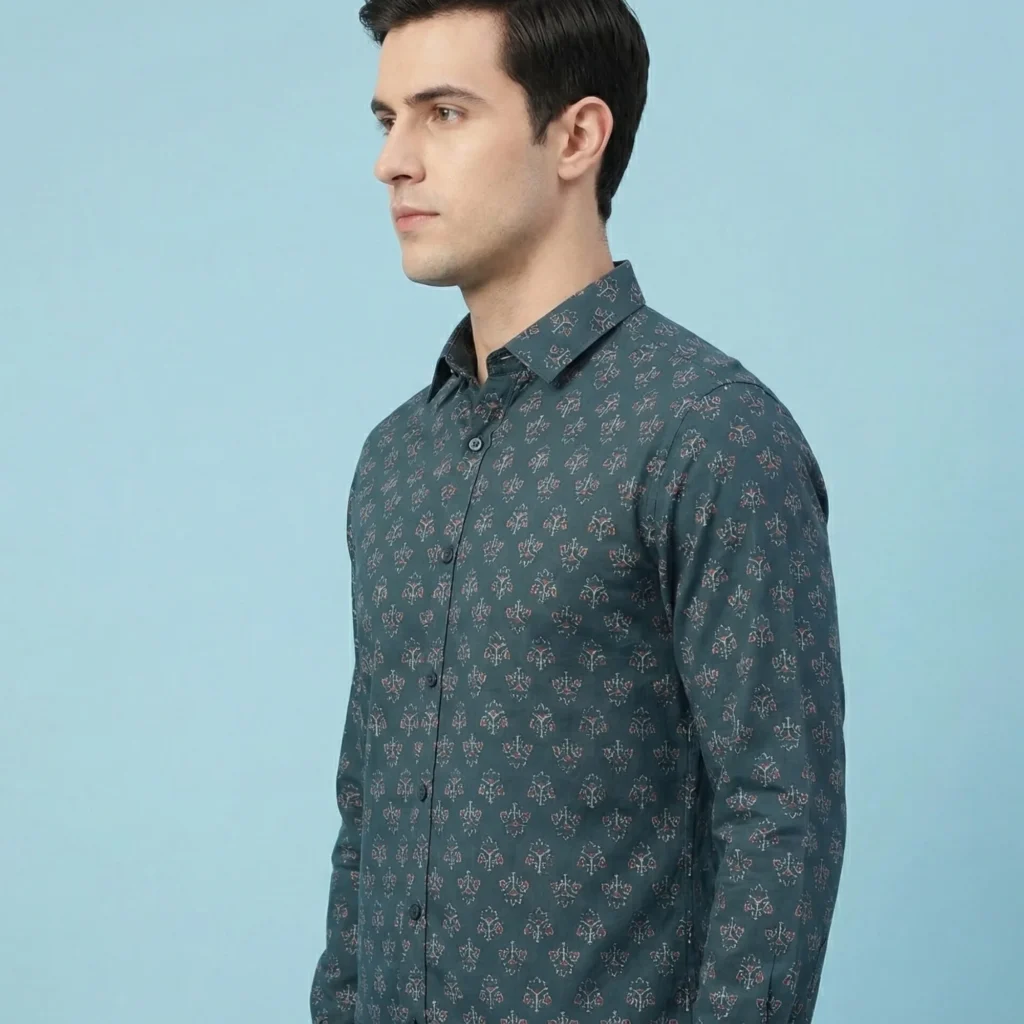 Men wearing teal cotton shirt with micro motif print full sleeve smart casual look