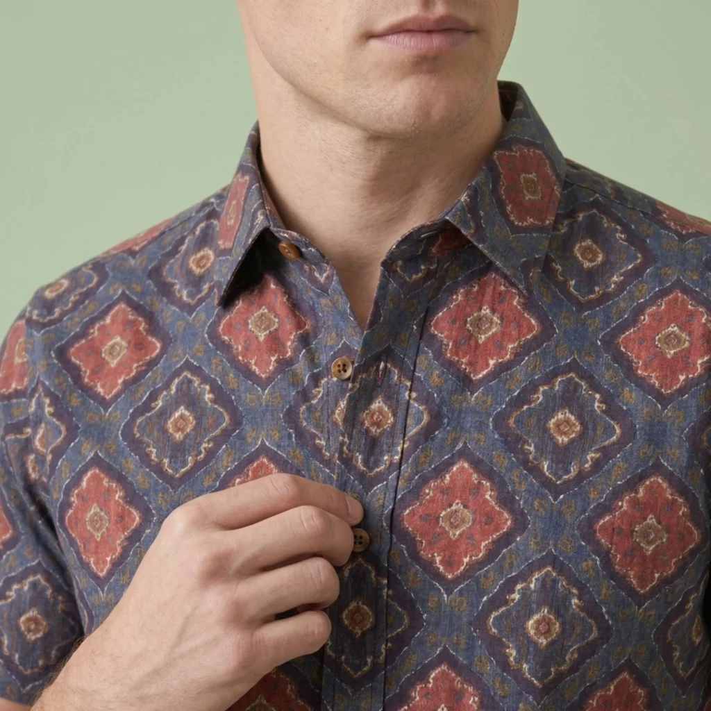 Men’s indigo geometric printed cotton shirt close-up with classic spread collar and button detail