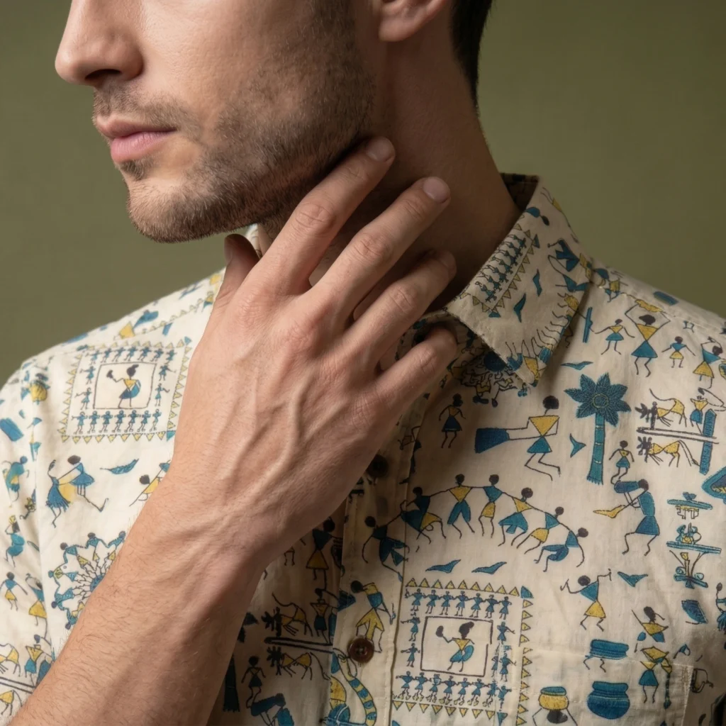 Close-up of ivory cotton shirt with tribal print pattern premium fabric detail