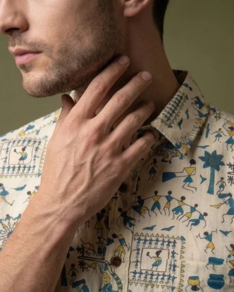 Close-up of ivory cotton shirt with tribal print pattern premium fabric detail