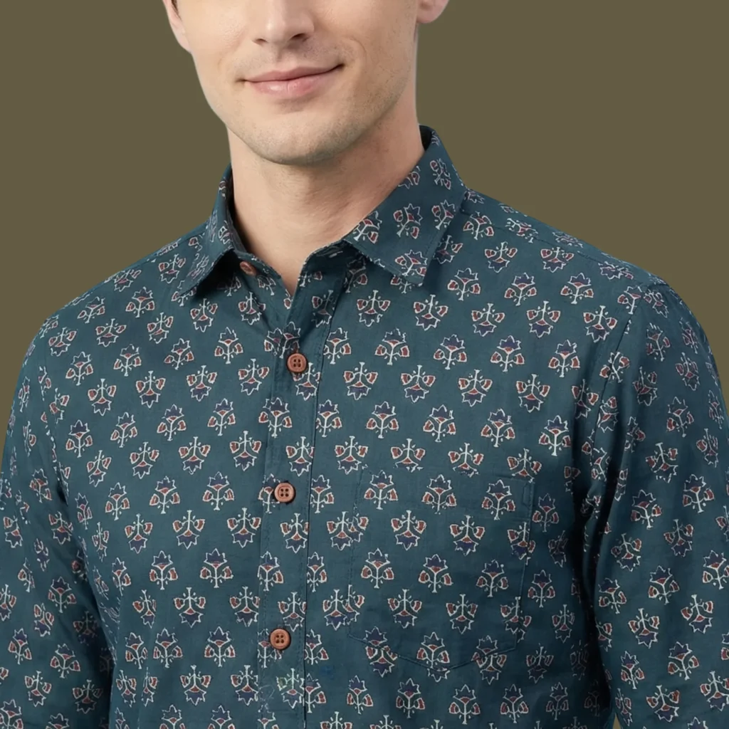 Close-up of men’s teal cotton shirt with motif print collar and button detail