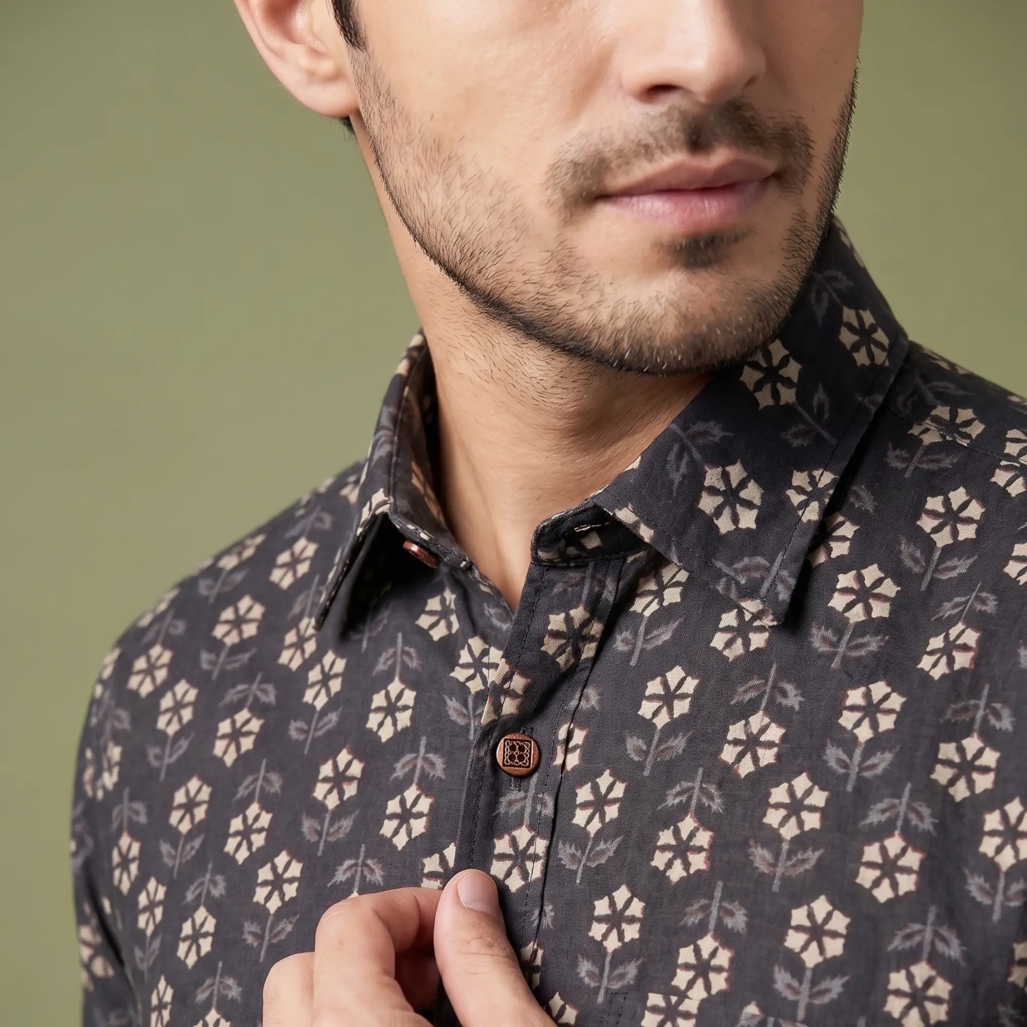 Men’s black floral printed cotton shirt with classic spread collar close-up