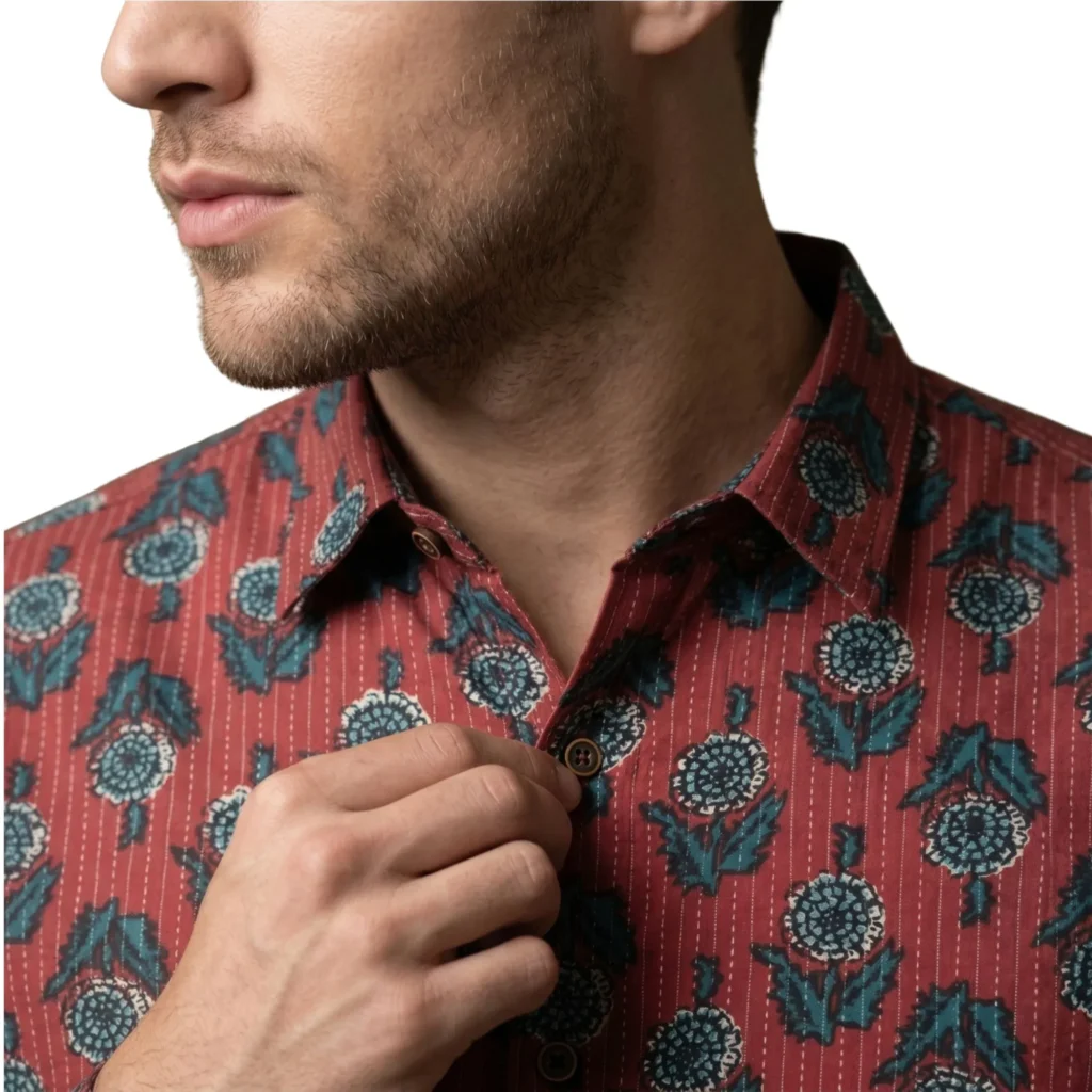 The Classicot Summer shirt for men red color printed full sleeves pure cotton