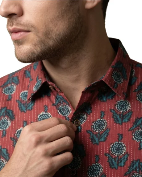 The Classicot Summer shirt for men red color printed full sleeves pure cotton