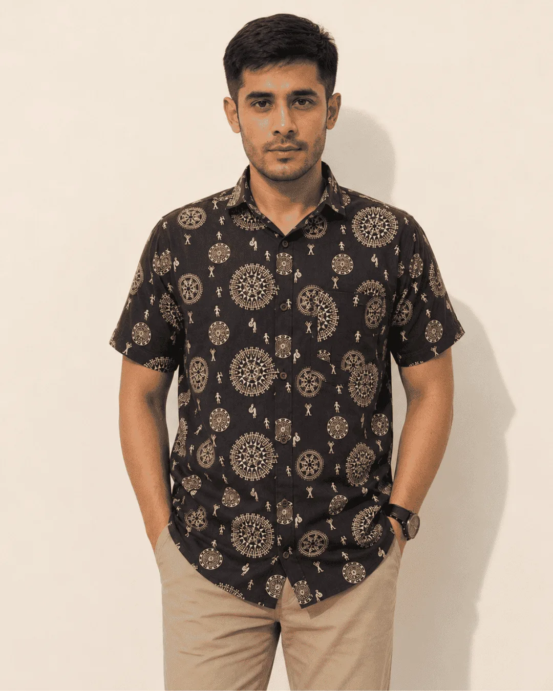 Premium Brown Warli Print Cotton Half Sleeve Shirt for Men | Heritage Printed Casual Cotton Shirt by The Classicot