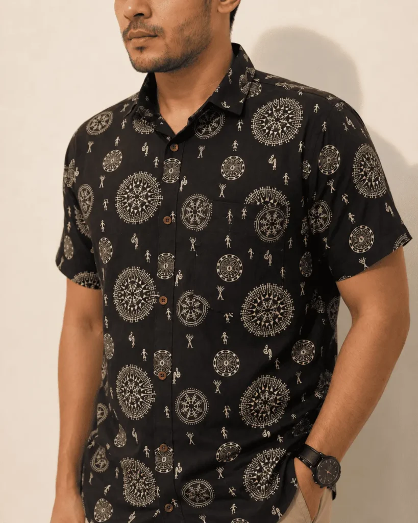 Premium Brown Warli Print Cotton Half Sleeve Shirt for Men | Heritage Printed Casual Cotton Shirt by The Classicot
